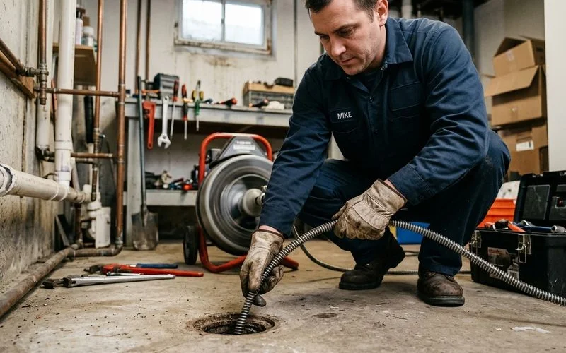 Plumber feeding a drain snake cable into a cleanout