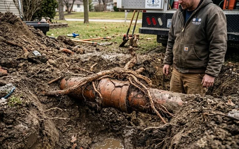 Tree roots growing into a cracked clay sewer pipe