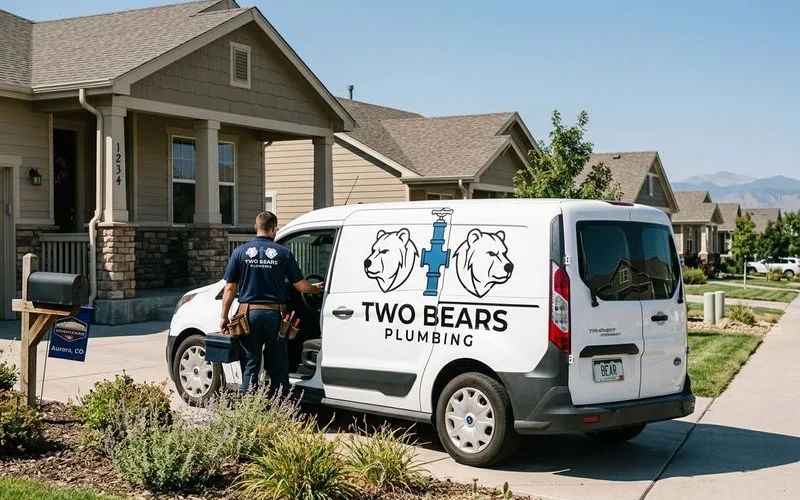 Two Bears Plumbing service van outside an Aurora home