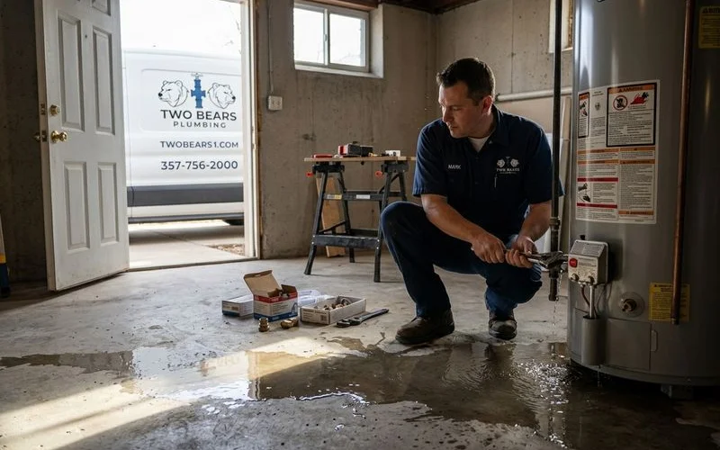 Water pooling on a basement floor near a water heater